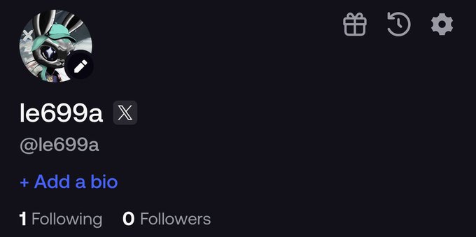 An X (formerly Twitter) profile page for user 'le699a' (@le699a) showing a profile picture of a robotic character, with 1 Following and 0 Followers, and a prompt to 'Add a bio'.