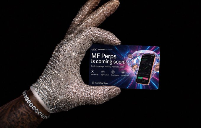 iphone with a blue and purple background, accompanied by the text "MTF Perps" against a black background.