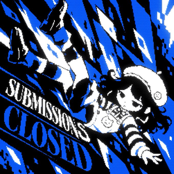 A blue and black pixel art image with text reading 'SUBMISSIONS CLOSED', showing a stylized character with a Santa-style hat.