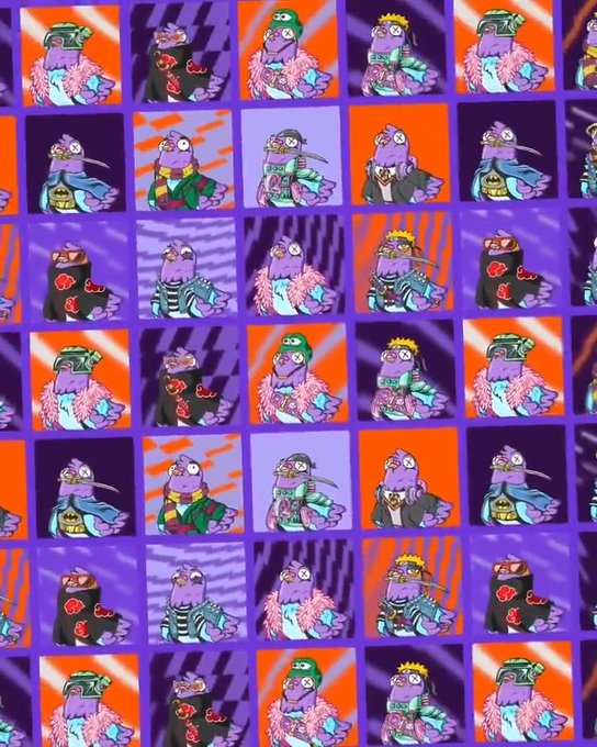 A repeating grid pattern of cartoon NFT-style characters with purple skin, varied outfits, and accessories set against alternating orange, purple, and dark backgrounds.