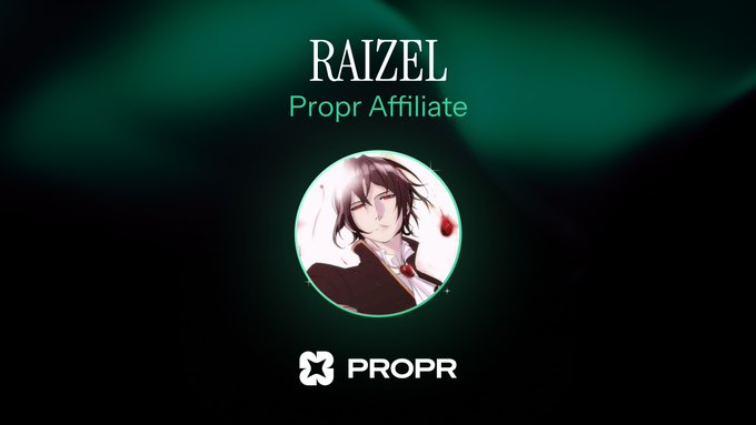 A dark green graphic featuring an anime-style character avatar with the text 'RAIZEL Propr Affiliate' and the PROPR logo at the bottom.