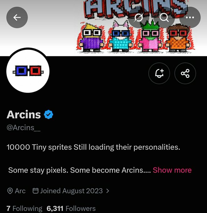 A Twitter/X profile for 'Arcins' (@Arcins__) with the description '10000 Tiny sprites Still loading their personalities. Some stay pixels. Some become Arcins...' and 6,311 followers.