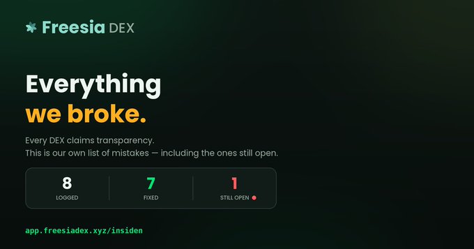 A Freesia DEX graphic titled 'Everything we broke' showing stats: 8 logged mistakes, 7 fixed, 1 still open, with a link to app.freesiadex.xyz/insiden.