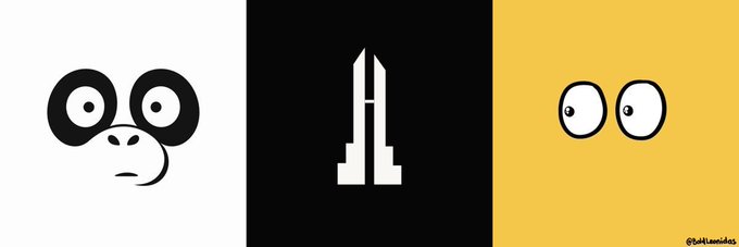 A triptych graphic shows three minimalist cartoon faces: a black-and-white face on the left, stylized buildings on a black background in the middle, and a pair of eyes on a yellow background on the right, watermarked '@ohllemcldes'.