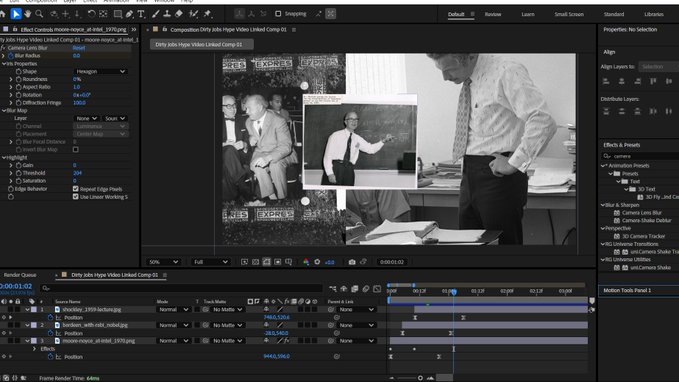 Screenshot of Adobe After Effects software showing a composition titled 'Dirty Jobs Hyper Video Linked Comp 01' with black-and-white footage of Mike Rowe and a timeline with multiple layers including 'P4st_BX04' and 'obsidian-with-edit_nolog' markings.