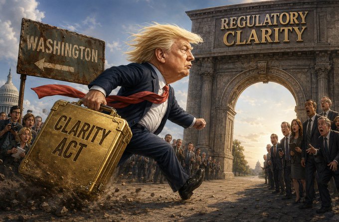 A satirical illustration shows a Trump-like figure in a suit running toward an archway labeled "REGULATORY CLARITY" while carrying a golden briefcase marked "CLARITY ACT," with a "WASHINGTON" sign and Capitol building visible behind him.