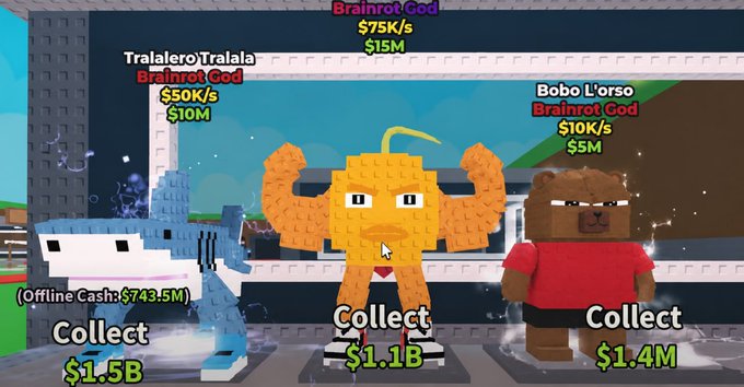 Three Minecraft-style blocky figures—a shark, an orange alien labeled "TralaleroTralala" ($50K/s, $10M), and a bear labeled "Bobo L'orso" ($10K/s, $5M)—stand on pedestals alongside a central orange character, each displaying "Collect" buttons with rewards ranging from $1.1B to $1.5B, while a "Brainrot God" priced at $75K/s and $15M appears at the top of the screen.