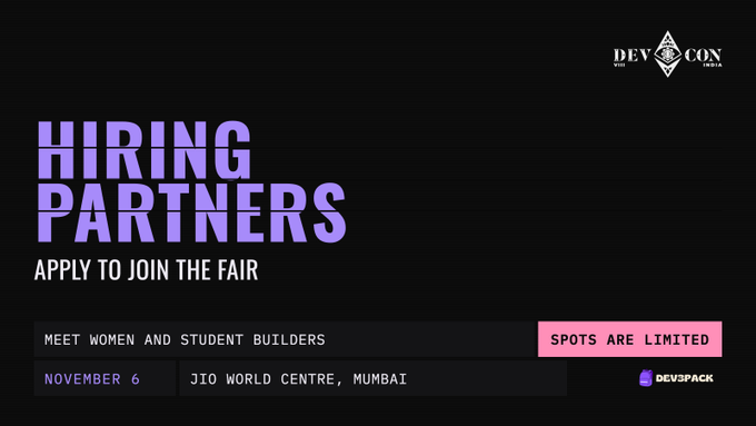A promotional banner for DevCon India reading 'HIRING PARTNERS APPLY TO JOIN THE FAIR' with details 'MEET WOMEN AND STUDENT BUILDERS', 'NOVEMBER 6', 'JIO WORLD CENTRE, MUMBAI', and 'SPOTS ARE LIMITED'.