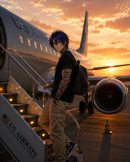 A young traveler with blue and purple hair boards a US Airways plane at sunset, holding a boarding pass. The image of boarding a flight symbolizes embarking on a journey, fitting the post's theme of Web3's evolution and Canopy Network's recent funding driving its long-term infrastructure plans.