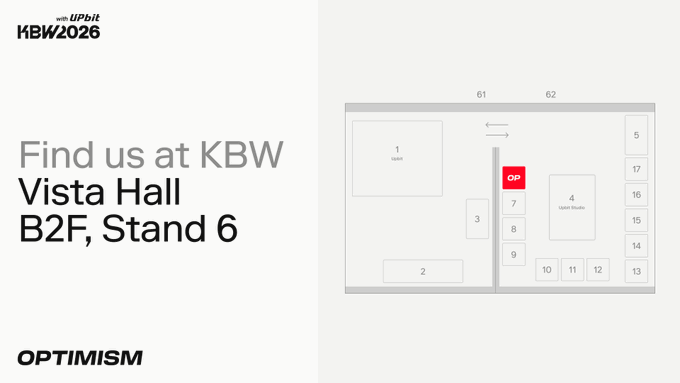 A promotional graphic announcing Optimism's presence at Korea Blockchain Week (KBW2026) at Vista Hall B2F, Stand 6, displayed alongside a floor map highlighting their location with a red "OP" marker.