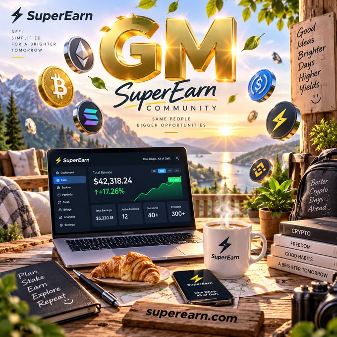 A promotional graphic for 'SuperEarn Community' features a golden 'GM' logo, cryptocurrency coins, a laptop displaying a $42,318.24 balance, a coffee mug, and text promoting 'DEFI SIMPLIFIED FOR A BRIGHTER TOMORROW' with the URL superearn.com.
