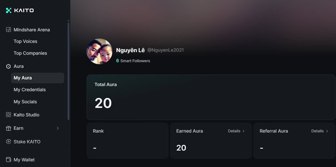 A dark-themed dashboard interface for "KAITO" displaying a user profile for "Nguyên Lê @NguyenLe2021" with a "Total Aura" score of 20 and 6 Smart Followers.