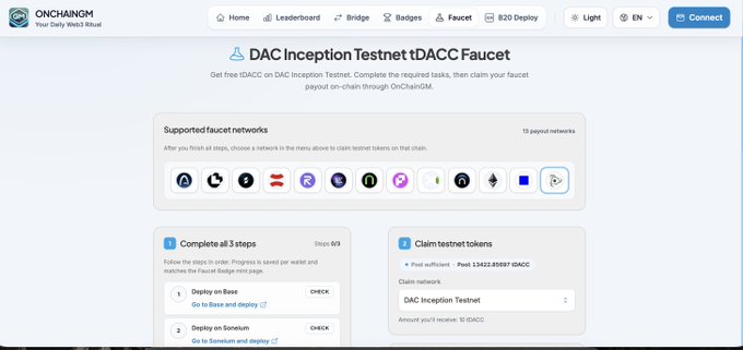 The OnchainGM website displaying the 'DAC Inception Testnet tDACC Faucet' page, showing supported networks and steps to claim test tokens.