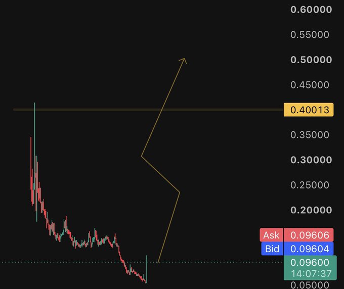 The image displays a candlestick chart for the $BIRB cryptocurrency with an ask price of 0.09606 and bid of 0.09604 at 14:07:37, showing a strong downward trend approaching the highlighted target level of 0.40013. An arrow projection indicates potential upward momentum toward the 0.20 target mentioned in the accompanying post, illustrating the "Cool Momentum" and price recovery potential for $BIRB.