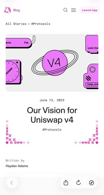 A Uniswap Blog article titled 'Our Vision for Uniswap v4' dated June 13, 2023, written by Hayden Adams under the #Protocols category.