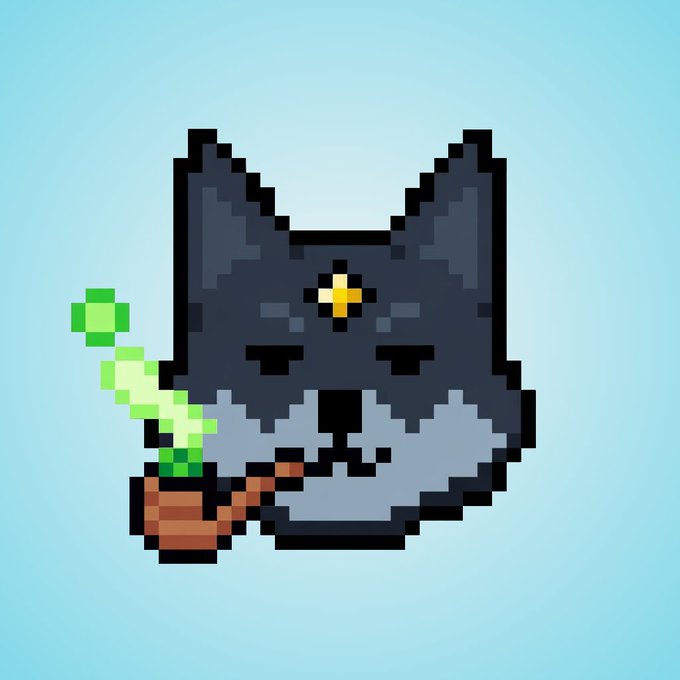 A pixel art illustration of a black and gray dog/cat holding a wooden pipe with green leaves, featuring a yellow cross symbol on its forehead, set against a light blue background.