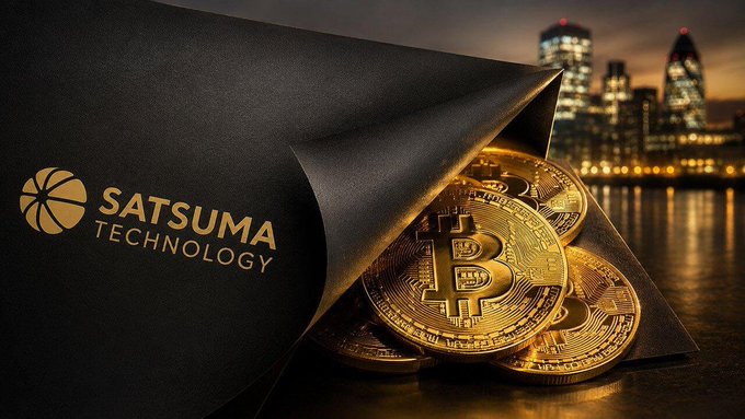 The image shows a black surface labeled "SATSUMA TECHNOLOGY" being peeled back to reveal gold Bitcoin coins, with a nighttime city skyline in the background. This visually symbolizes Satsuma Technology's Bitcoin treasury strategy of issuing shares to accumulate BTC, mirroring MicroStrategy's model, in the context of a satirical "fake bankruptcy" announcement.