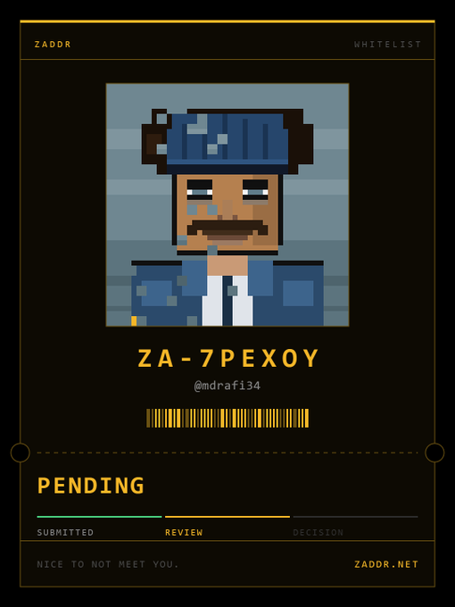 A digital pixel-art ID card from 'ZADOR' displaying the username 'ZA-7PEXOY' (@mdrafi34), showing a character portrait with a blue helmet and mustache, along with a barcode and 'PENDING' status.