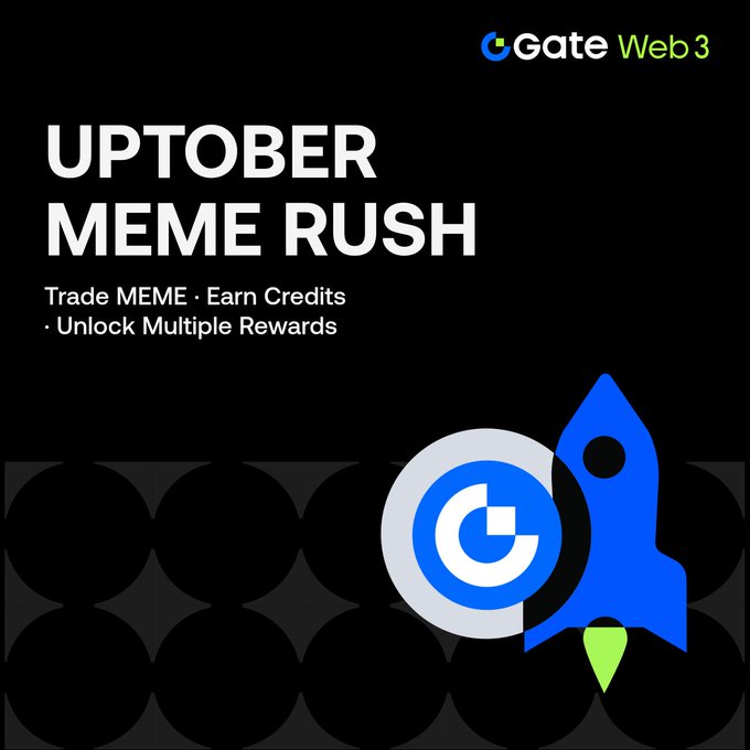A promotional graphic for Gate Web3's "UPTOBER MEME RUSH" campaign, featuring a black background with a blue rocket launching alongside the Gate logo, encouraging users to trade MEME tokens and earn credits for USDT rewards from September 30 to October 15 (UTC).
