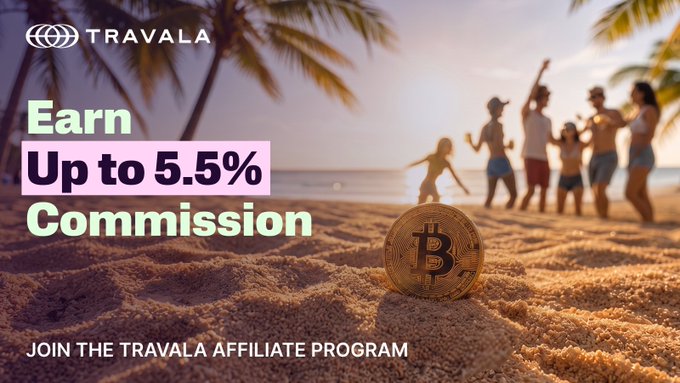 A Travala promotional banner stating 'Earn Up to 5.5% Commission' to 'JOIN THE TRAVALA AFFILIATE PROGRAM', featuring a Bitcoin coin on a beach with people celebrating.