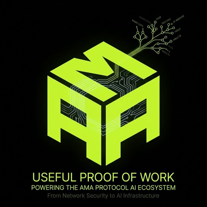 A green 'Useful Proof of Work' (UPoW) logo on black background with the text 'POWERING THE AMA PROTOCOL AI ECOSYSTEM' and 'From Network Security to AI Infrastructure'.