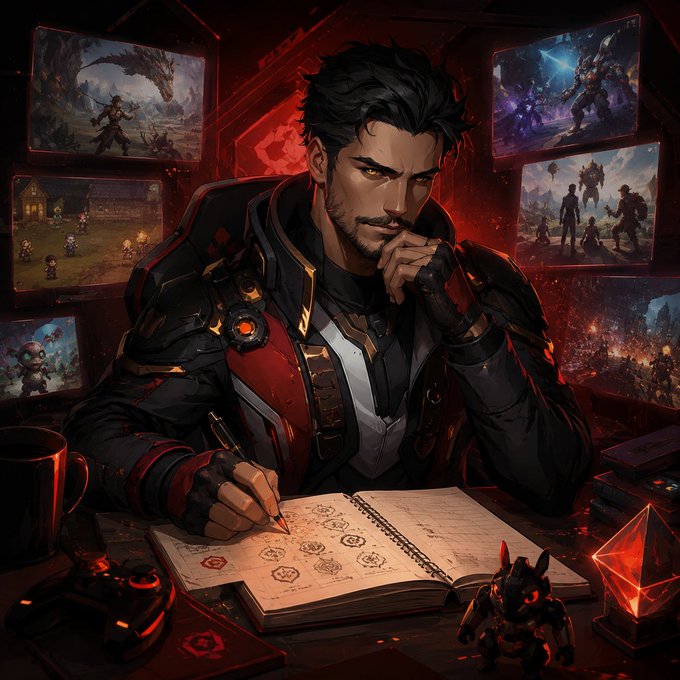 Digital illustration of a dark-haired man in red and black armor writing in a notebook, surrounded by game screens and a small dark creature figurine on his desk.
