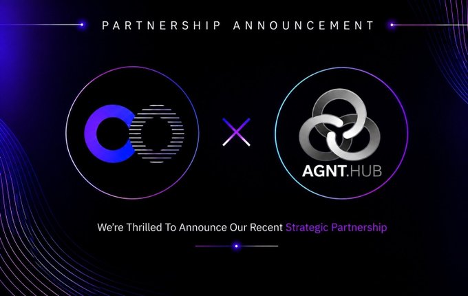 A 'PARTNERSHIP ANNOUNCEMENT' graphic showing two circular logos connected by an 'x', with text reading 'We're Thrilled To Announce Our Recent Strategic Partnership' between AGNT.HUB and another entity.