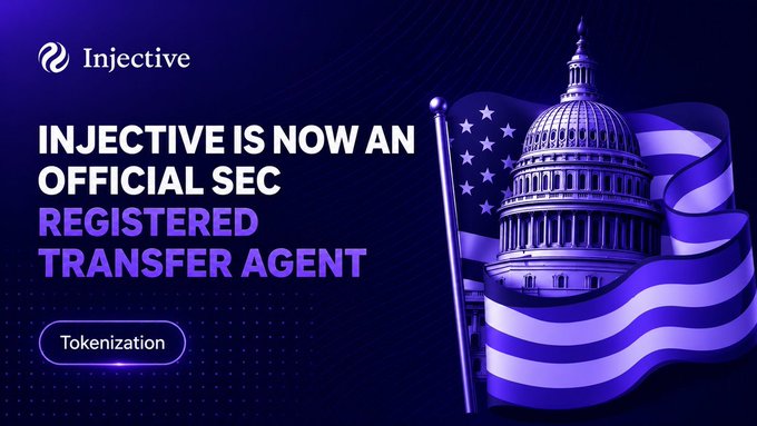 An announcement graphic for Injective stating 'INJECTIVE IS NOW AN OFFICIAL SEC REGISTERED TRANSFER AGENT' with an American flag and the U.S. Capitol building.