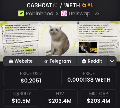 The image shows a CryptoRank page for CASHCAT token on Robinhood via Uniswap V3, featuring a white cat meme and screenshots of news articles, with the current price listed at $0.2051 (0.0001138 WETH) and a market cap of $203.4M—celebrating the token reaching a new all-time high.