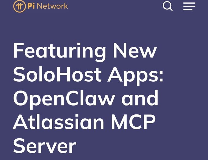 The image shows a Pi Network blog header titled "Featuring New SoloHost Apps: OpenClaw and Atlassian MCP Server." It relates to the accompanying post, which expresses concern about promoting the OpenClaw app featured in this announcement due to potential security risks, even within container environments.