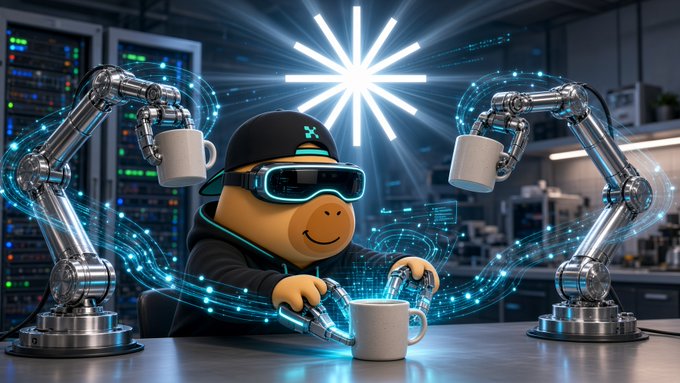 A cartoon monkey wearing a VR headset and a cap works at a futuristic coffee station alongside two robotic arms holding coffee mugs, with a bright starburst light overhead.