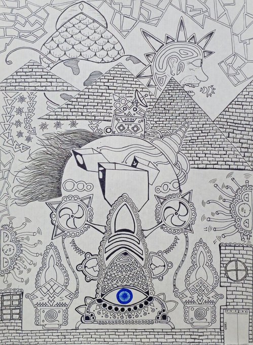 A detailed black-and-white ink drawing featuring surreal imagery including pyramids, a spiked profile face, geometric structures, and a central eye symbol.