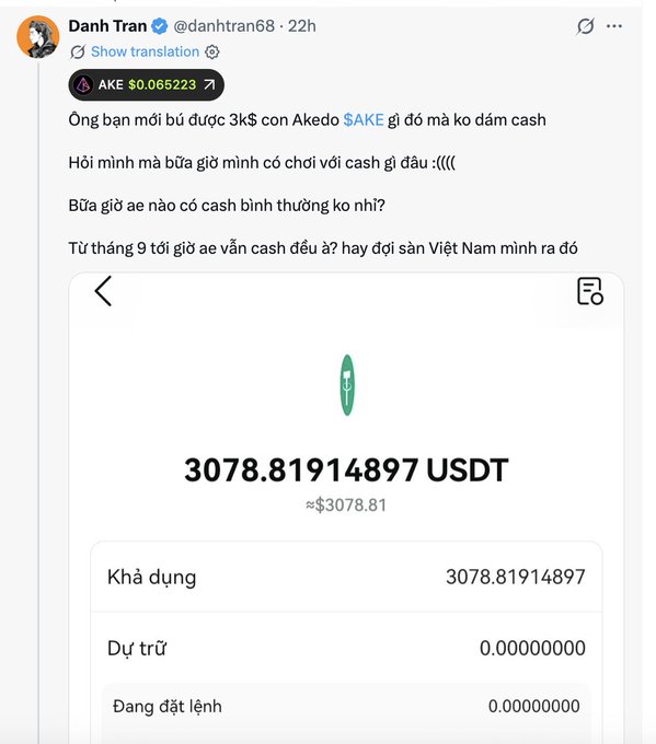 A Vietnamese tweet by Danh Tran (@danhtran68) discusses the AKE token and virtual currency farming, accompanied by a screenshot of a wallet showing a balance of 3078.81914897 USDT (approximately $3078.81) with zero reserved and pending orders.
