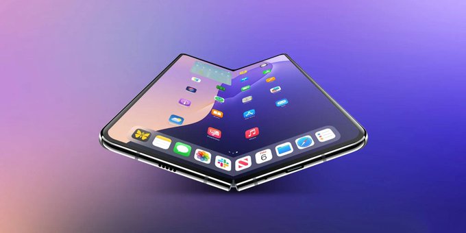 A foldable smartphone is displayed open in a V-shape against a gradient purple background, showing a home screen with various app icons including Messages, Photos, and what appears to be a calendar showing "6." The image does not directly relate to the accompanying post about cryptocurrency trading competitions and esports tournaments like League of Legends Pro League, though it may symbolize the intersection of digital technology and emerging online ecosystems.