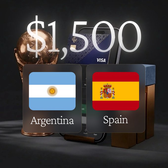 A promotional graphic showing '$1,500' above Argentina and Spain flags, with the World Cup trophy and a Visa card in the background.