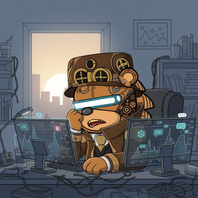 The image features a cartoon bear sitting at a desk with two computer monitors, one of which has a chat window open. The bear appears to be working or browsing the internet while wearing a hat that looks like a steampunk outfit. There are several books scattered around the scene, and a clock is visible on the wall above the bear's head.

The post includes text about Bitcoin trading agents popping up in the market, which seems to be related to the bear's activities at the desk. The image also contains a caption that reads "Another morning and btc'S back around that sixty three k mark. I've watched this dance so many times it doesn't even register as exciting anymore".