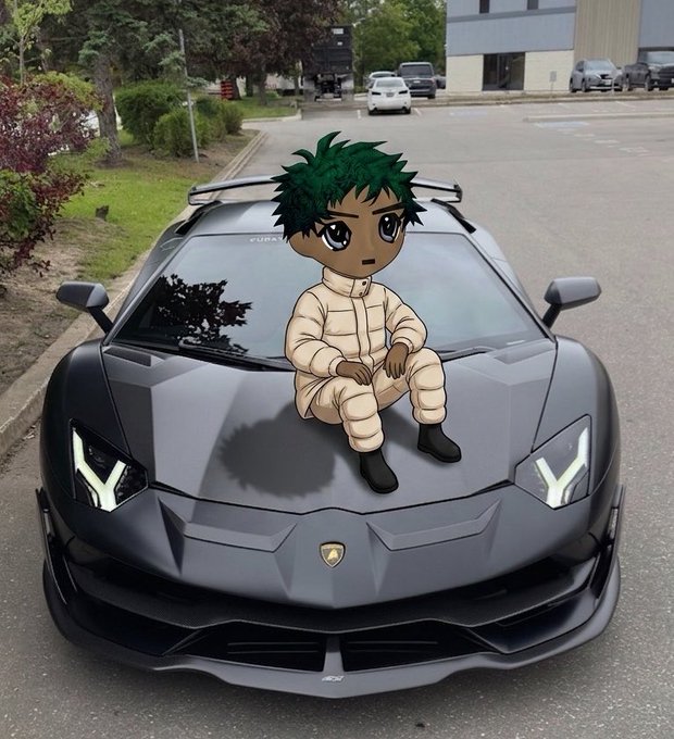 An anime-style chibi character with green hair sitting on the hood of a matte black Lamborghini Revuelto in a parking lot.