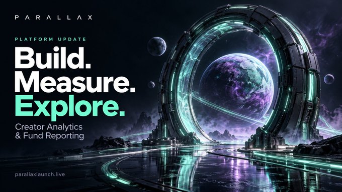 Promotional banner for PARALLAX titled 'Build. Measure. Explore.' with the subtitle 'Creator Analytics & Fund Reporting,' featuring a sci-fi illustration of a futuristic ring structure surrounding Earth with purple energy effects, dated 2024, with URL parallaxlaunch.live.