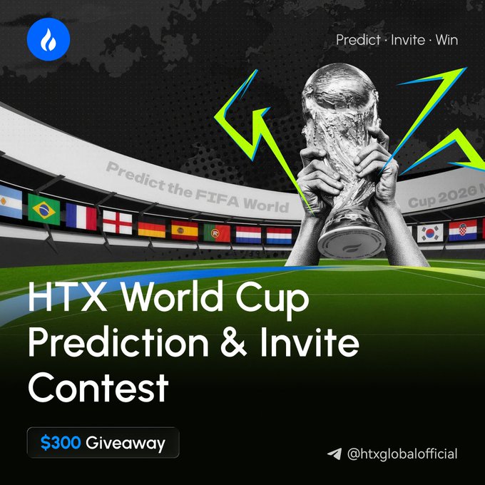 The image shows a flyer for an online prediction contest called HTX World Cup Prediction & Invite Contest. The text on the flyer invites people to participate in this fun, interactive event where they have to predict the outcome of the FIFA World Cup between two teams playing against each other, and share their predictions with others through social media platforms or email. A prize is offered as a reward for the most accurate prediction.