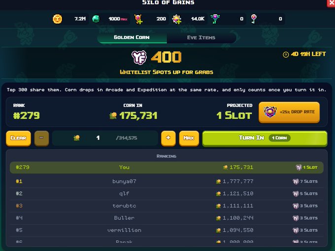 Screenshot of a 'Silo of Grains' game interface showing a 'Golden Corn' whitelist event with 400 spots, a rank of #279, and 175,731 corn.