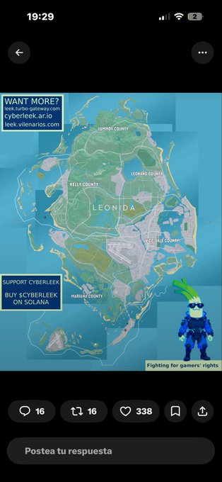 Social media post showing a map of 'LEONIDA' from a video game, with text promoting cyberleek.ario for GTA fans and the Solano NFT.