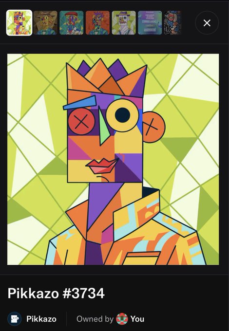 A vibrant, geometric portrait of a figure with mismatched eyes (one X-marked, one circular) and a crown of triangular shapes, set against a yellow-green diamond-patterned background. The image is labeled "Pikkazo #3734," a piece from the @pikkazonft collection that the user recently added to their holdings to celebrate their love for the project's art.