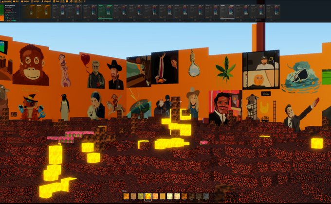 A screenshot of a Minecraft-like virtual environment displaying various character portraits and artwork on orange walls, with a trading interface visible at the top.