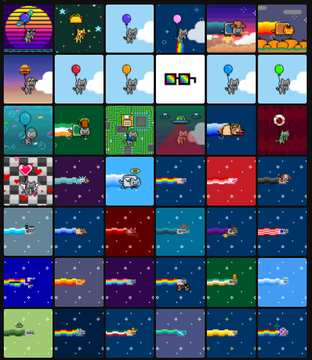 A grid of pixel art images showing a cat character riding balloons, swimming underwater with rainbow trails, and a single Earth/Nyan cat-style image.