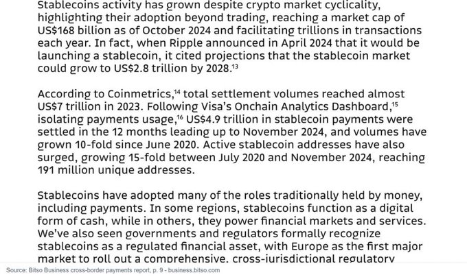 A block of text discussing the growth of the stablecoin market, citing Bitso Business and projecting growth to US$2.8 trillion by 2028.