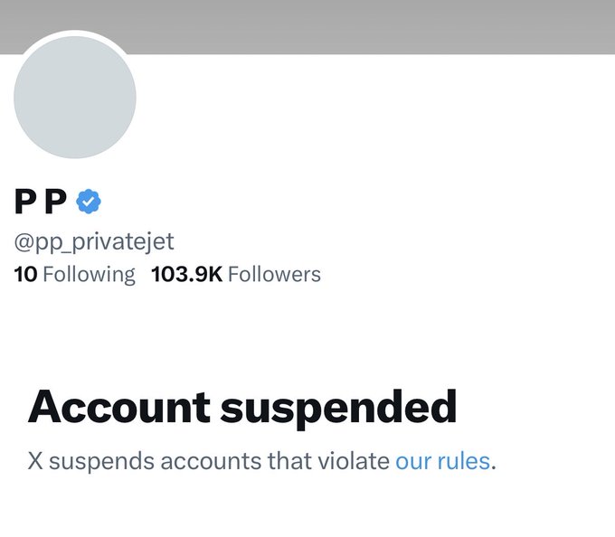A screenshot of X (formerly Twitter) account @pp_privatejet, also known as "PP," showing 103.9K followers, that has been suspended for violating platform rules, marking the end of the popular private jet tracking account.