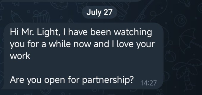A dark-themed message bubble dated "July 27" at 14:27 reads: "Hi Mr. Light, I have been watching you for a while now and I love your work. Are you open for partnership?"