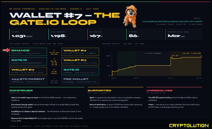 An investigative infographic titled 'Wallet #7 - The Gate.io Loop' detailing the OK Chain Forensics case from June-July 2022, with a balance of 1,031.51 DOGE, labeled Binance/Gate.io deposits, and supported by Cryptolution.