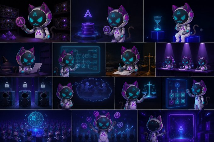 A collage of stylized cartoon cat characters with glowing blue eyes in a purple 'A' hood, depicted in various scenes including holding coins, using a holographic interface, presenting, and managing governance votes.