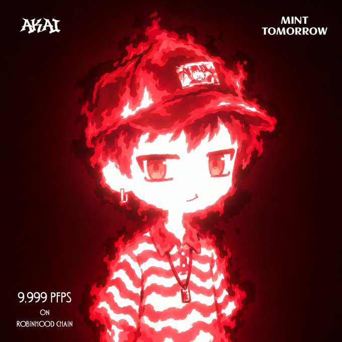 The post is promoting an AKAI NFT mint with a stylized red and white anime-style character illustration featuring the AKAI logo and "MINT TOMORROW" text, announcing a limited 9,999 NFT collection on Robinhood Chain with public minting opening tomorrow at 11:45 AM UTC.